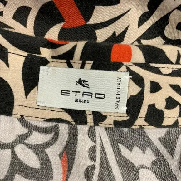 ETRO Size M Orange Black Khaki Abstract Floral Long Sleeve Shirt